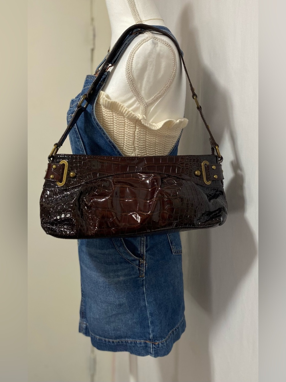 Worthington Glossy Brown Croc Shoulder Bag